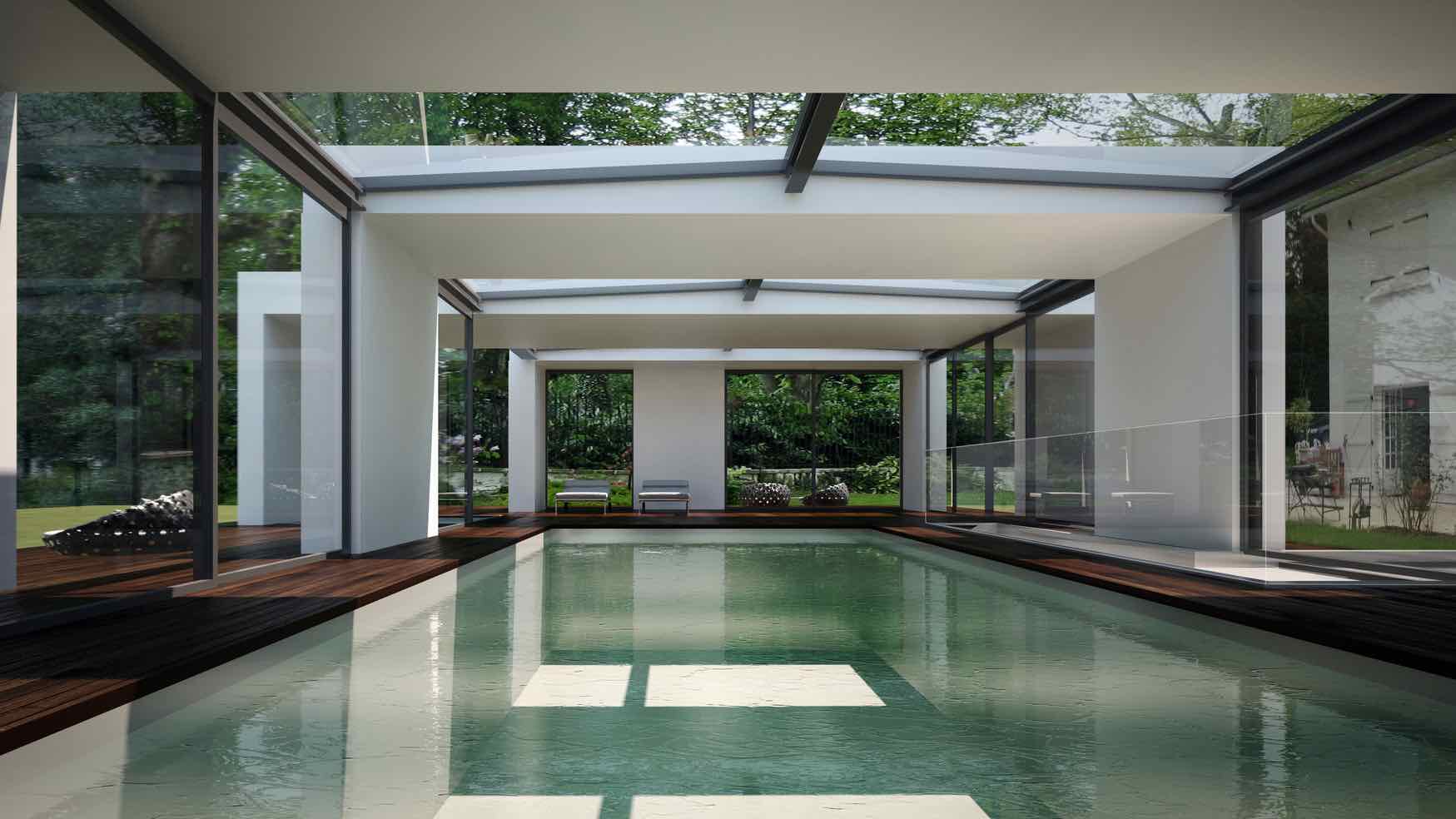 Grande piscine creusée baignée de LUMiÈRE, avec grandes verrières